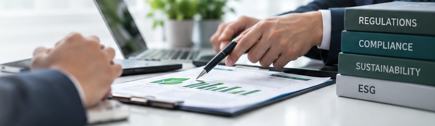 Corporate advisers reviewing compliance reports and business documentation